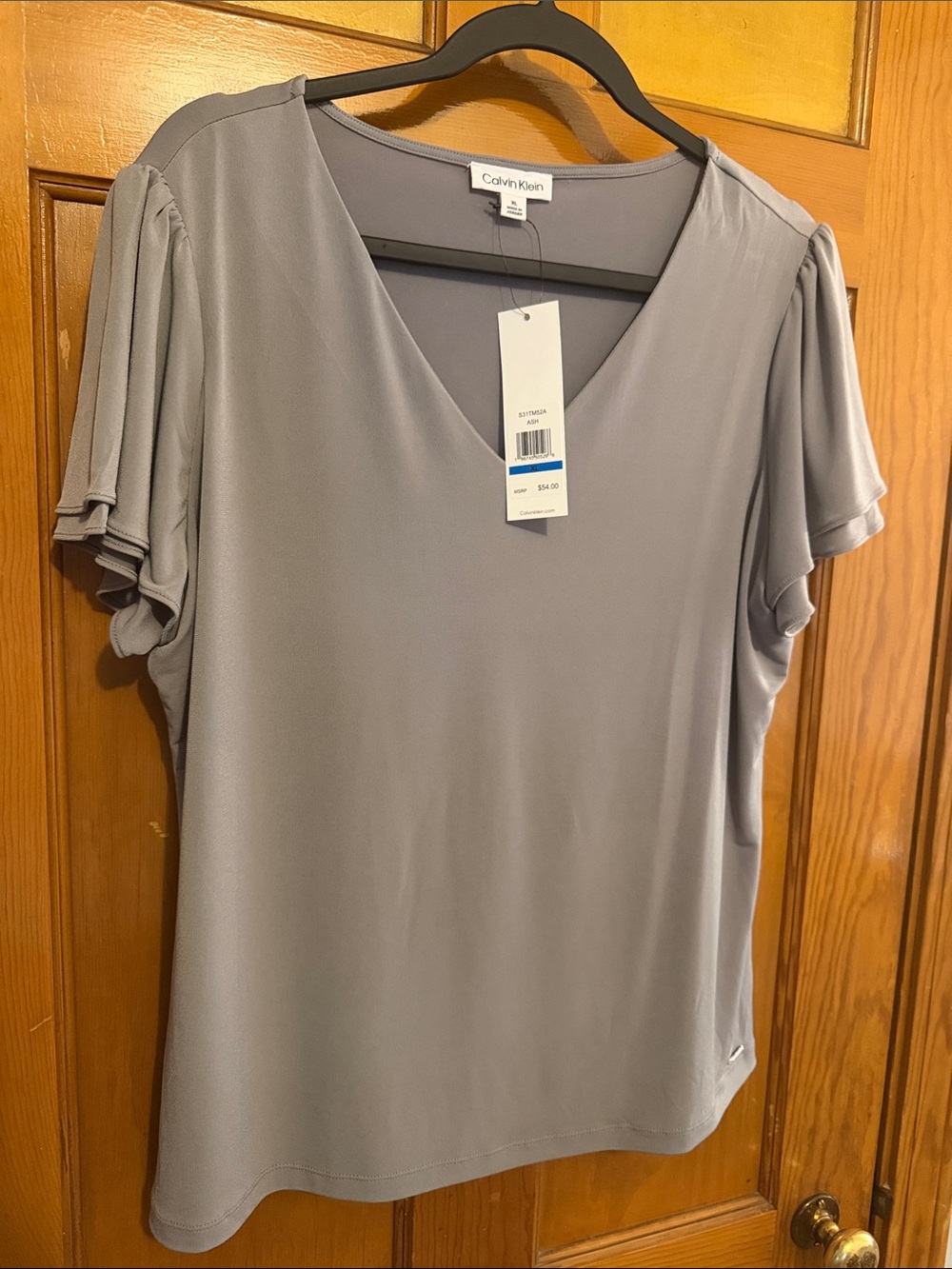 Calvin Klein Short Sleeve V-Neck Top in Light Gray